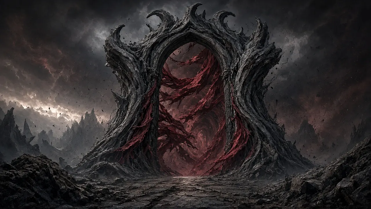 A great arch of twisted black stone under a stormy sky, red tendrils within